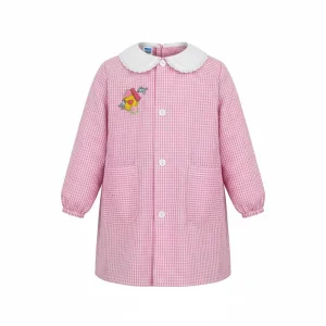 Grembiule asilo bambina con abbottonatura centrale Siggi ricamo casetta uccellini a quadretti rosa 3877