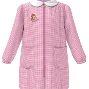 Grembiule asilo bambina con zip centrale Siggi ricamo Happy a quadretti rosa 4177
