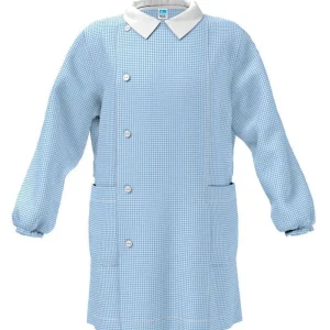 Grembiule asilo bambino con abbottonatura laterale Siggi senza ricamo a quadretti azzurri 1961