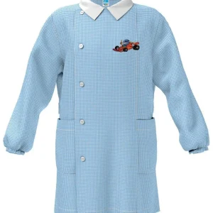 Grembiule asilo quadretti azzurri bambino con abbottonatura laterale Siggi ricamo Car 4057