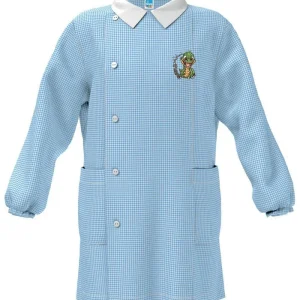Grembiule asilo quadretti celesti bambino con abbottonatura laterale Siggi ricamo Draghetto 4182