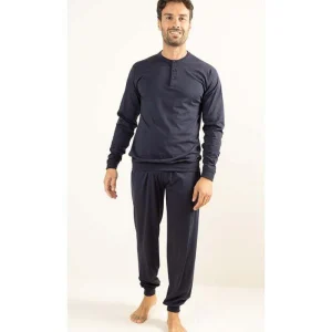 Pigiama uomo serafino jersey puro cotone tinta unita blu Gary CB65220